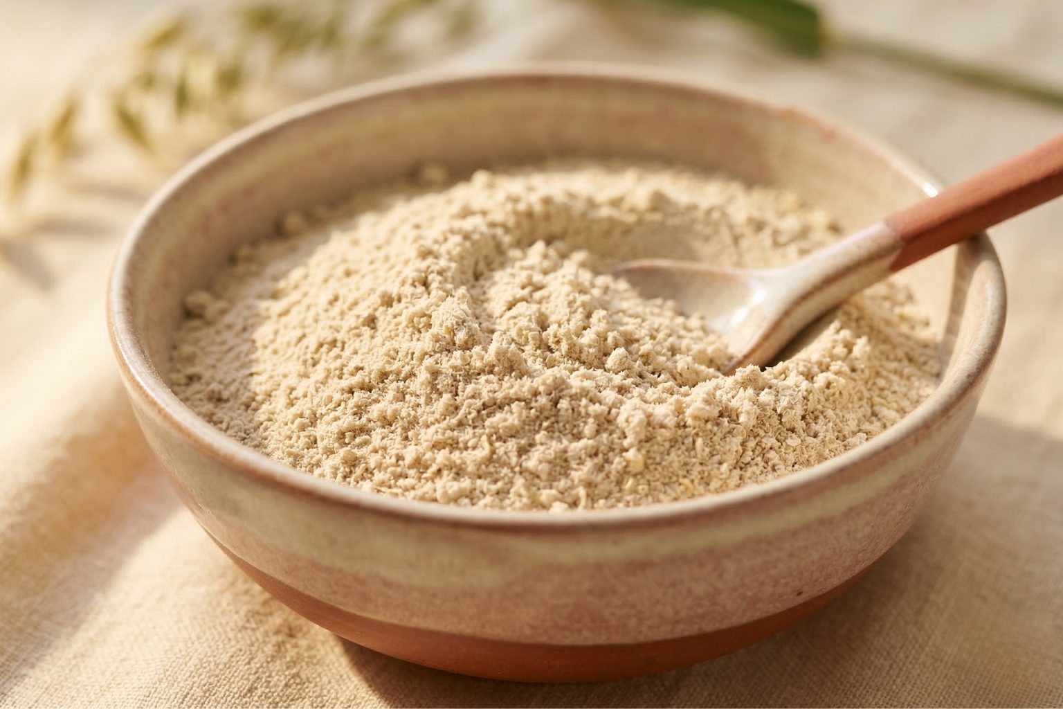 Produktfoto: Bio-Hafer-Proteinfasermehl in Keramikschale, Nahaufnahme, warmes Licht